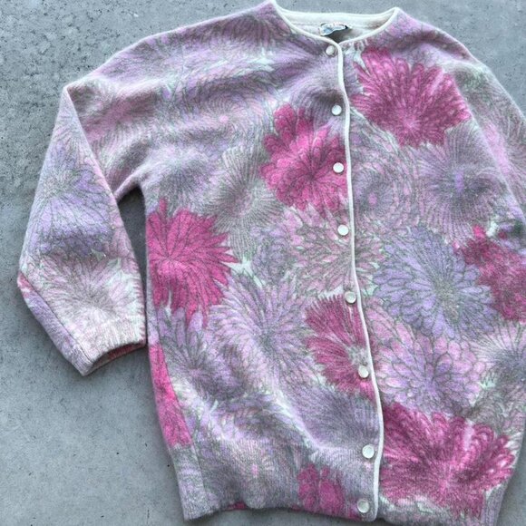 True Vintage 50s 60s Floral Cardigan Angora Rabbit Lambs Wool Women's XS-Small - Picture 6 of 8